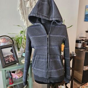 Kids Hooded Zip Jacket - Charcoal Gray with Purple Stripe